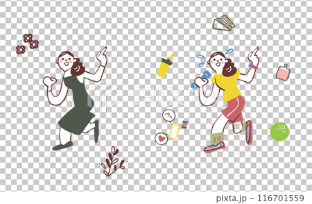 健康管理やダイエットにいそしむ女性　セットのストックイラスト素材 116701559