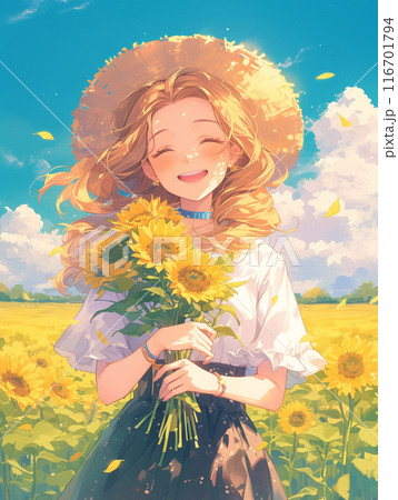 ひまわり畑での笑顔 116701794