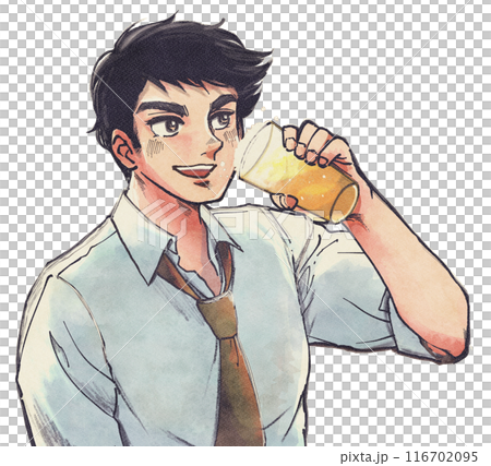 レトロ劇画風・ビールを飲む若いサラリーマンのイラスト 116702095