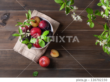 a few juicy red plums with branch blossom flowers on a napkin on a brown wood background. Top view a few juicy red plums with branch blossom flowers on a napkin on a brown wood background. Top view 116702150