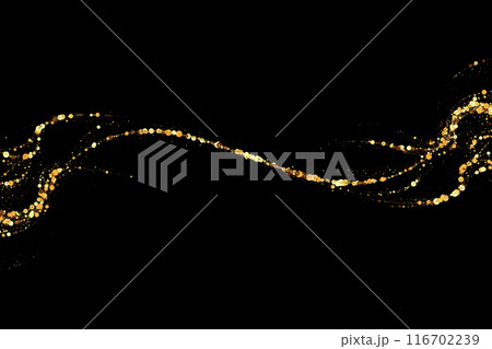 Gold glitter texture on a black background. Wave-like streams of golden colored particles. Festive background. Gold glitter texture on a black background. Wave-like streams of golden colored particles. Festive background. 116702239