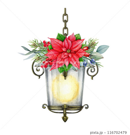 Winter time vintage style floral decor with lantern. Watercolor illustration. Christmas time festive painted decoration with vintage lantern, pine, poinsettia flower. White background 116702479