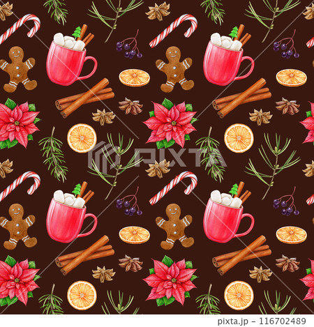 Winter season Christmas treats seamless pattern. Watercolor illustration. Christmas treats, marshmallow, cinnamon, pine branch, sugar cane elements. Winter season cozy decorative seamless pattern 116702489