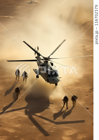 From above, a helicopter lands, dust and sand rising, announcing their arrival. 116702579