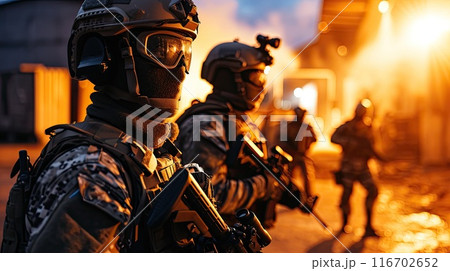 Group of special forces soldiers with weapons are preparing for an operation Group of special forces soldiers with weapons are preparing for an operation 116702652