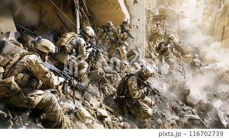 Group of military mercenaries during a cleansing operation in a ruined city. 116702739