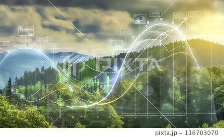 CG素材　CO2排出量グラフと自然風景のイメージ素材 116703070