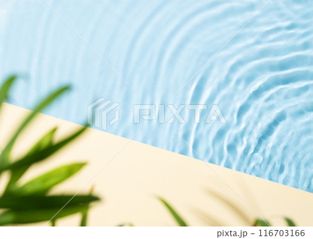 Abstract view of waves in the water near a swimming pool with shadows of green plants  116703166