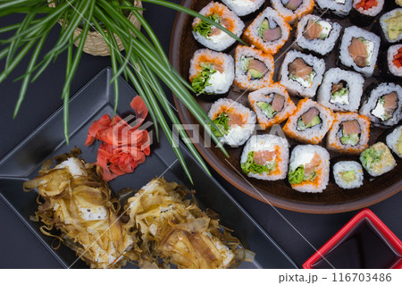 Sushi Selection with Pickled Ginger and Bonito Flakes 116703486