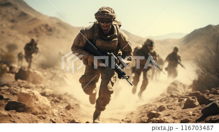 Several soldiers advances with unwavering resolve demonstrating remarkable courage in face of danger. 116703487