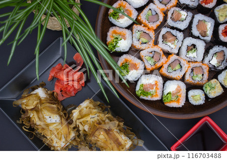 Sushi Selection with Pickled Ginger and Bonito Flakes 116703488