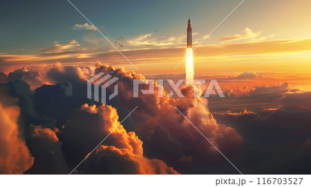 Rocket launching through the clouds at sunrise. 116703527