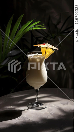 Pina colada cocktail. a dark background and hard lighting that creates shadows 116703528