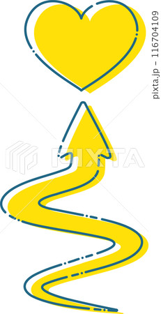 蛇行する黄色い矢印とハートマーク 116704109
