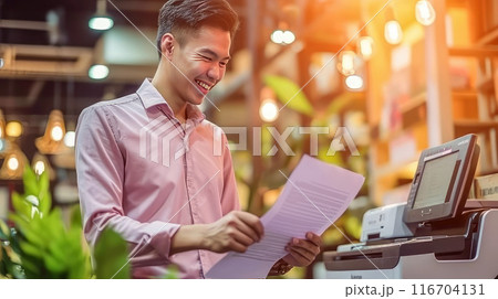 The printer, a reliable companion for the dedicated office man. 116704131
