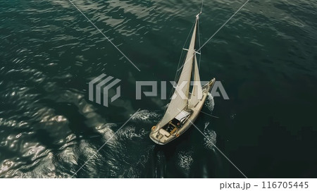 Aerial view of a single-mast yacht gliding along the surface of the water in the open sea. 116705445