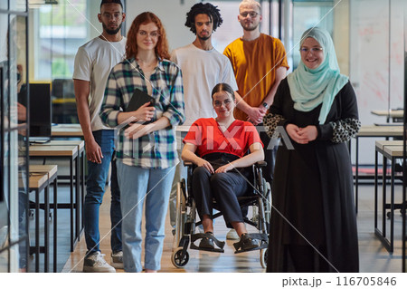 A diverse group of young business people congregates within a modern startup's glass-enclosed office, featuring inclusivity with a person in a wheelchair, an African American young man , and a hijab A diverse group of young business people congregates within a modern startup's glass-enclosed office, featuring inclusivity with a person in a wheelchair, an African American young man , and a hijab 116705846