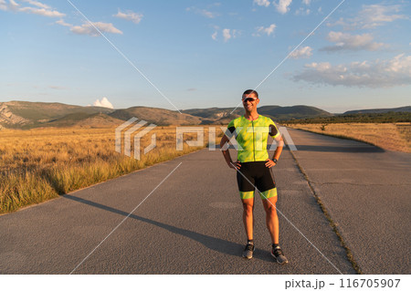Triathlete resting after exhausting training for the upcoming marathon. 116705907