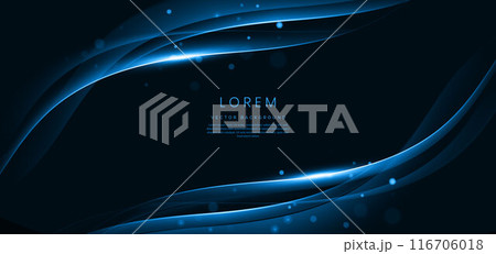 Abstract elegant blue wave on dark background with lighting effect and sparkle with copy space for text. 116706018
