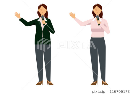8頭身のフラットデザイン　マイクを持ちプレゼンテーションする日本人女性ビジネスマン　イラストセット 116706178