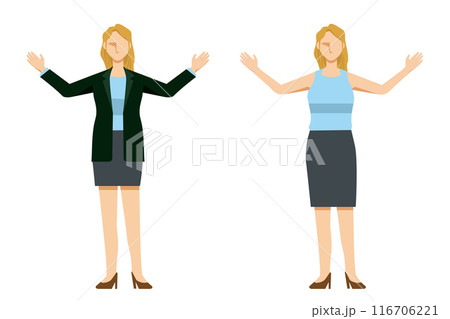 8頭身のフラットデザインの白人系女性ビジネスマン、両手をあげるポーズのイラストセット 8頭身のフラットデザインの白人系女性ビジネスマン、両手をあげるポーズのイラストセット 116706221