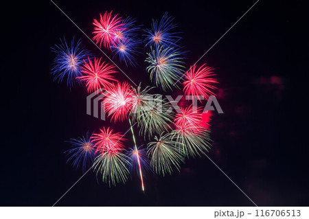呉の夏祭り　海上花火大会　クローズアップ　緑、黄色 116706513