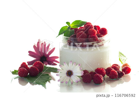 homemade food, milk yogurt with fresh raspberries homemade food, milk yogurt with fresh raspberries 116706592