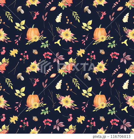 Watercolor hand drawn autumn pumpkin seamless pattern. Dark blue fall background. Pumpkin, sunflower, leaves, rose hip, branches, acorn autumn texture. Seamless pattern for fabric, wrapping paper. Watercolor hand drawn autumn pumpkin seamless pattern. Dark blue fall background. Pumpkin, sunflower, leaves, rose hip, branches, acorn autumn texture. Seamless pattern for fabric, wrapping paper. 116706813
