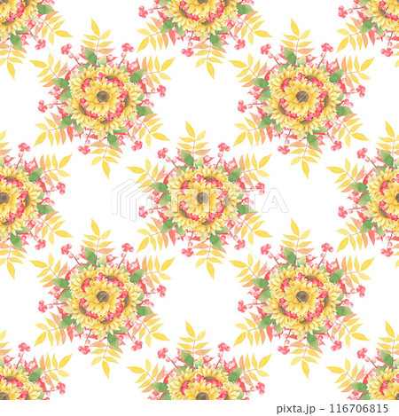 Watercolor hand drawn autumn seamless pattern with sunflower, red berries, physalis, yellow leaves on white background. Endless fall backdrop for textile, fabric and paper. 116706815
