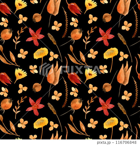 Autumn dried flowers and leaves seamless pattern. Botanical background. Dry floral backdrop. Digital paper, scrapbook paper. For wrapping paper, fabric, textile, packaging 116706848