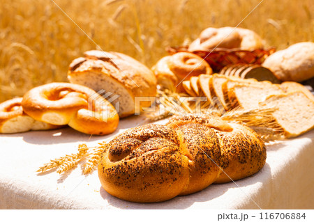 Lot of different flavored bread, wheat, rye, on the table in the field outside Lot of different flavored bread, wheat, rye, on the table in the field outside 116706884