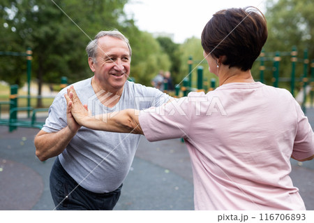 Elderly man and woman doing gymnastics on an outdoor sports ground Elderly man and woman doing gymnastics on an outdoor sports ground 116706893