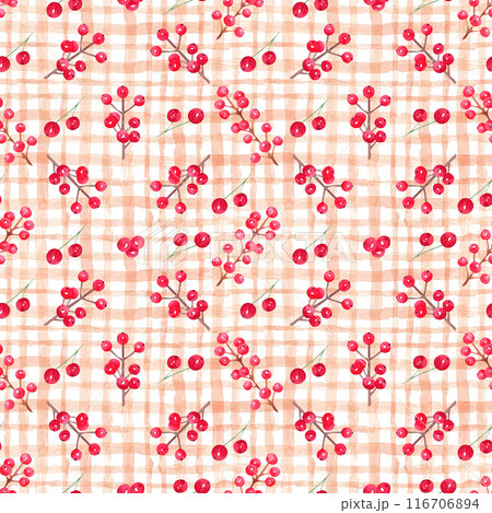 Watercolor hand drawn christmas seamless pattern with red berries on beige checkered background. Winter mood pattern. Beige plaid, checkered pattern. Endless backdrop Watercolor hand drawn christmas seamless pattern with red berries on beige checkered background. Winter mood pattern. Beige plaid, checkered pattern. Endless backdrop 116706894