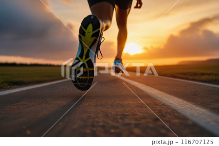 athlete runs along the road, sneakers close-up, sunset on the background, training and active life style 116707125