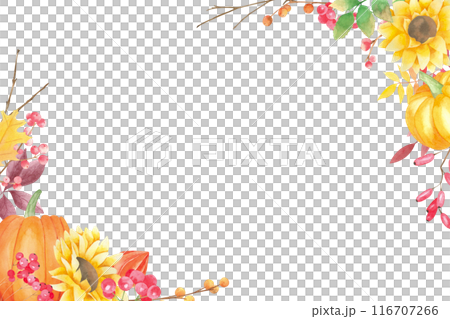 Watercolor hand drawn autumn frames with pumpkins, sunflowers, berries, branches on white background. Thanksgiving day decorations. Harvest day. Fall design for cards, invitations. Scrapbook element. 116707266