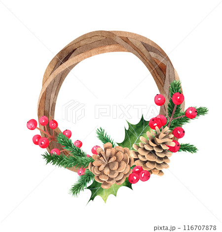 Watercolor illustration of a Christmas wreath. Round wooden wreath with berries, pine cones and christmas tree branches. Round hand drawn frame. Template for christmas greeting card 116707878