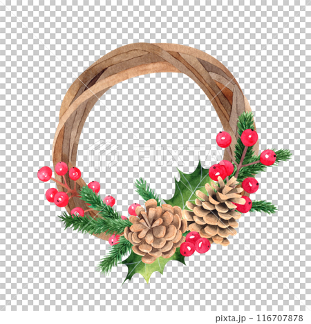 Watercolor illustration of a Christmas wreath. Round wooden wreath with berries, pine cones and christmas tree branches. Round hand drawn frame. Template for christmas greeting card 116707878