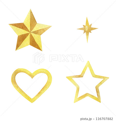 Christmas yellow star set, gold color watercolor hand drawn illustration isolated on a white background. Used for Christmas and New Year cards, designs, napkins, wrapping paper, advent calendars. 116707882