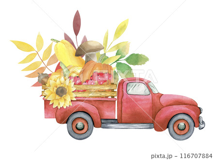 Watercolor old pickup truck with autumn leaves, pumpkins, sunflowers, berries, mushroom isolated on white background. Hand drawn fall car for thanksgiving day and harvest holiday. Greeting cards. Watercolor old pickup truck with autumn leaves, pumpkins, sunflowers, berries, mushroom isolated on white background. Hand drawn fall car for thanksgiving day and harvest holiday. Greeting cards. 116707884