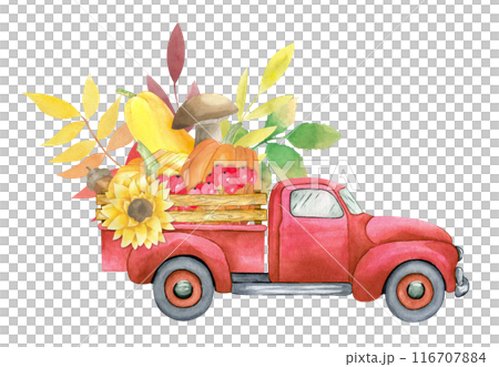 Watercolor old pickup truck with autumn leaves, pumpkins, sunflowers, berries, mushroom isolated on white background. Hand drawn fall car for thanksgiving day and harvest holiday. Greeting cards. Watercolor old pickup truck with autumn leaves, pumpkins, sunflowers, berries, mushroom isolated on white background. Hand drawn fall car for thanksgiving day and harvest holiday. Greeting cards. 116707884