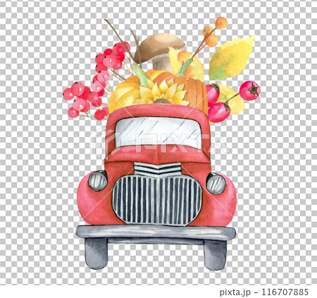 Watercolor old pickup truck with autumn leaves, pumpkins, sunflowers, berries, mushroom isolated on white background. Hand drawn fall car for thanksgiving day and harvest holiday. Greeting cards. 116707885