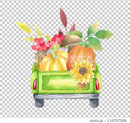 Watercolor old pickup truck with autumn leaves, pumpkins, sunflowers, berries, mushroom isolated on white background. Hand drawn fall car for thanksgiving day and harvest holiday. Greeting cards. Watercolor old pickup truck with autumn leaves, pumpkins, sunflowers, berries, mushroom isolated on white background. Hand drawn fall car for thanksgiving day and harvest holiday. Greeting cards. 116707886
