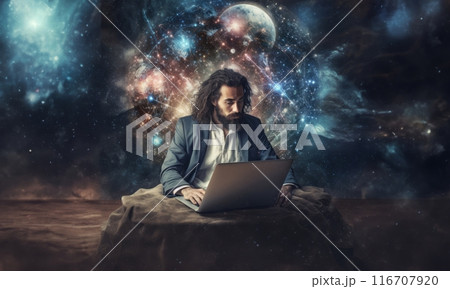 Hacker engrossed in his laptop delves into the intricate realms of cyberspace, surrounded by the vast expanse of a cosmic universe, symbolizing the fusion of technological prowess and the infinite Hacker engrossed in his laptop delves into the intricate realms of cyberspace, surrounded by the vast expanse of a cosmic universe, symbolizing the fusion of technological prowess and the infinite 116707920