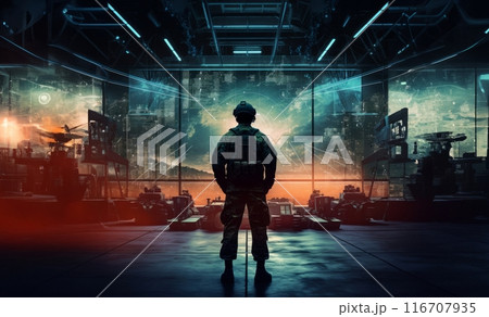 A special soldier is depicted observing the wartime situation and the advancement of his military army through holographic displays, showcasing strategic analysis and tactical planning in a high-tech 116707935