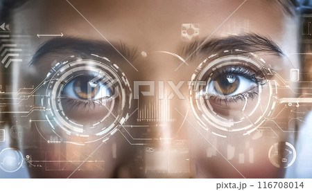 CGイラスト　女性の瞳とホログラフィックディスプレイのイメージ素材 116708014