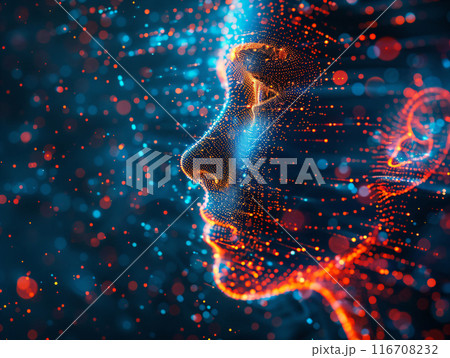 Abstract background made of human face silhouette and technology symbols for use with projects on computer science. AI Artificial Intelligence in Human Face. AI Generated. 116708232