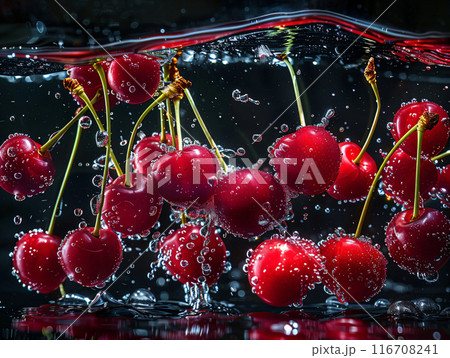 Red cherries dropped into the water with splash. AI Generated. 116708241