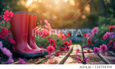 A pair of red rubber boots among colorful garden flowers, on a wooden deck against a vibrant background. High quality illustration 116708300