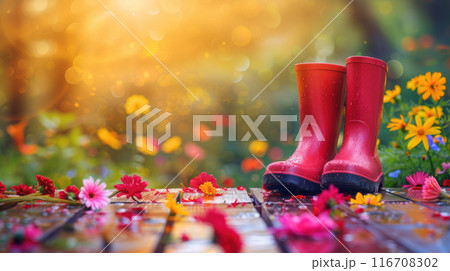 A pair of red rubber boots among colorful garden flowers, on a wooden deck against a vibrant background. High quality illustration 116708302