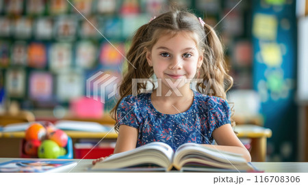 Portrait of cute schoolgirl sitting at desk reading a book. High quality illustration 116708306